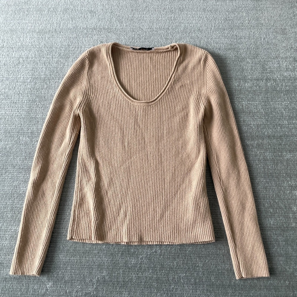 Zara Sweater Women M Tan Knit Ruffle Scoop Neck Cabincore Academia Wool‎ Blend
